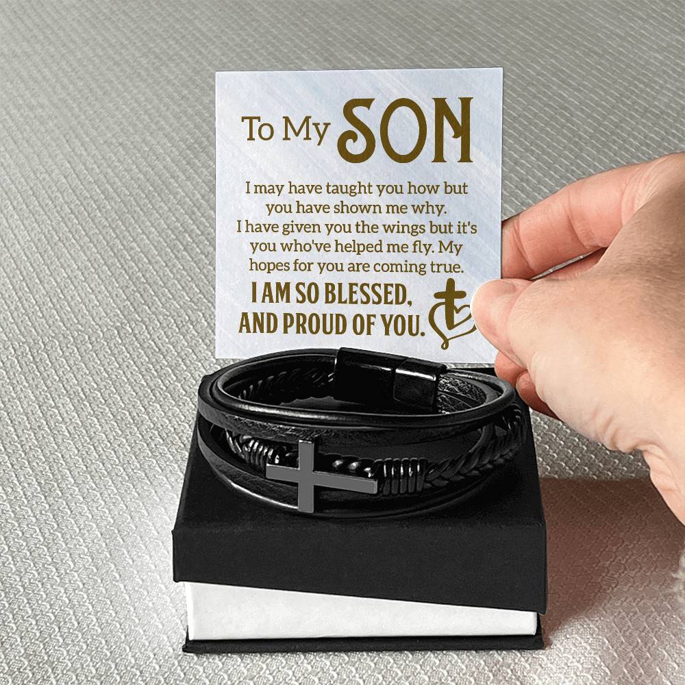 To My Son I Am So Blessed Men's Cross Bracelet - Vegan Leather with Stainless Steel-Express Your Love Gifts