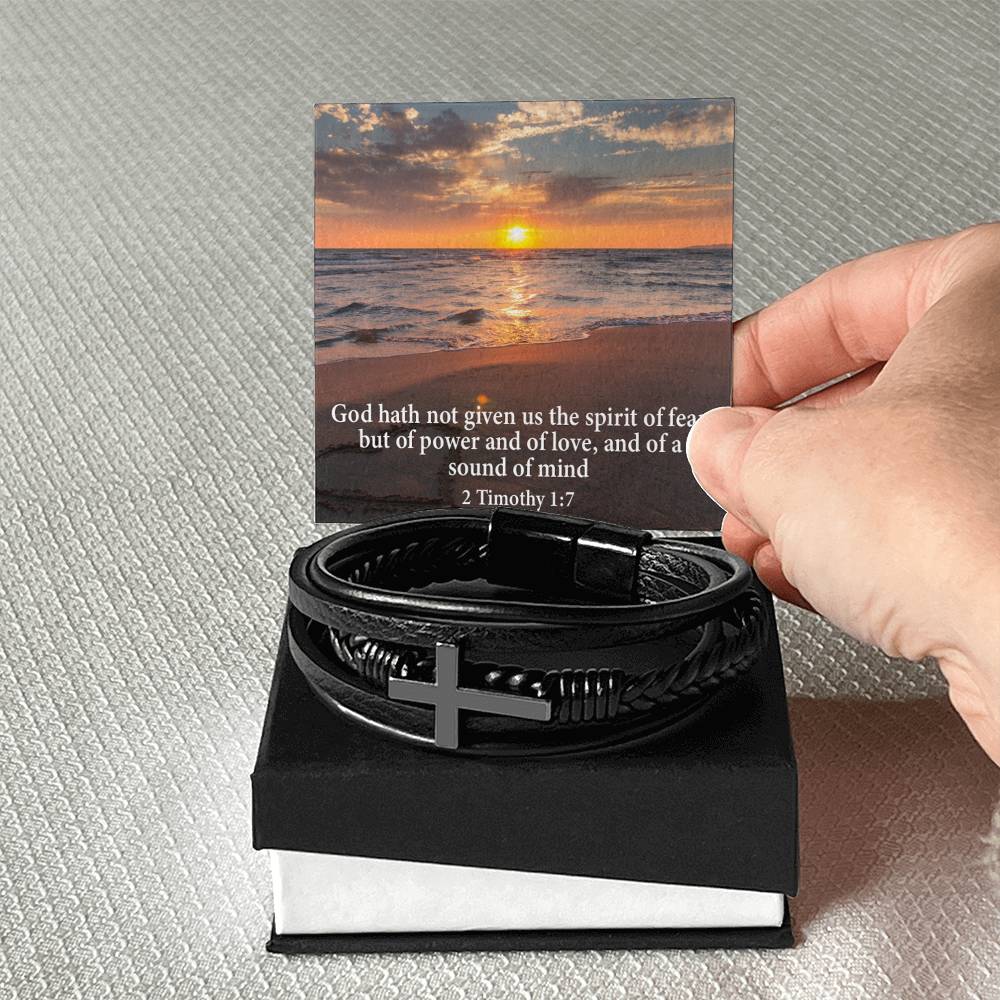 No Fear 2 Timothy 1:7 Men's Stainless Steel & Vegan Leather Cross Bracelet - Vegan Leather with Stainless Steel-Express Your Love Gifts
