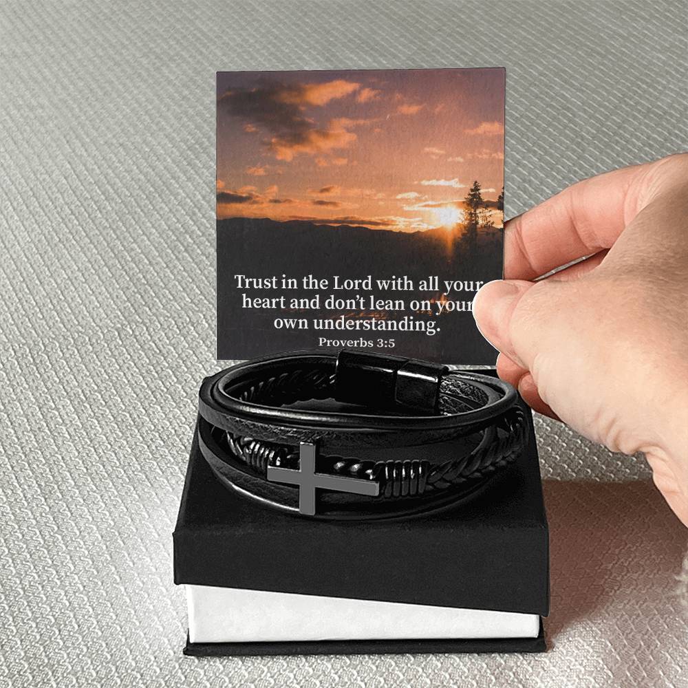 Trust in The Lord Proverbs 3:5 Sunset Men's Stainless Steel & Vegan Leather Cross Bracelet - Vegan Leather with Stainless Steel-Express Your Love Gifts