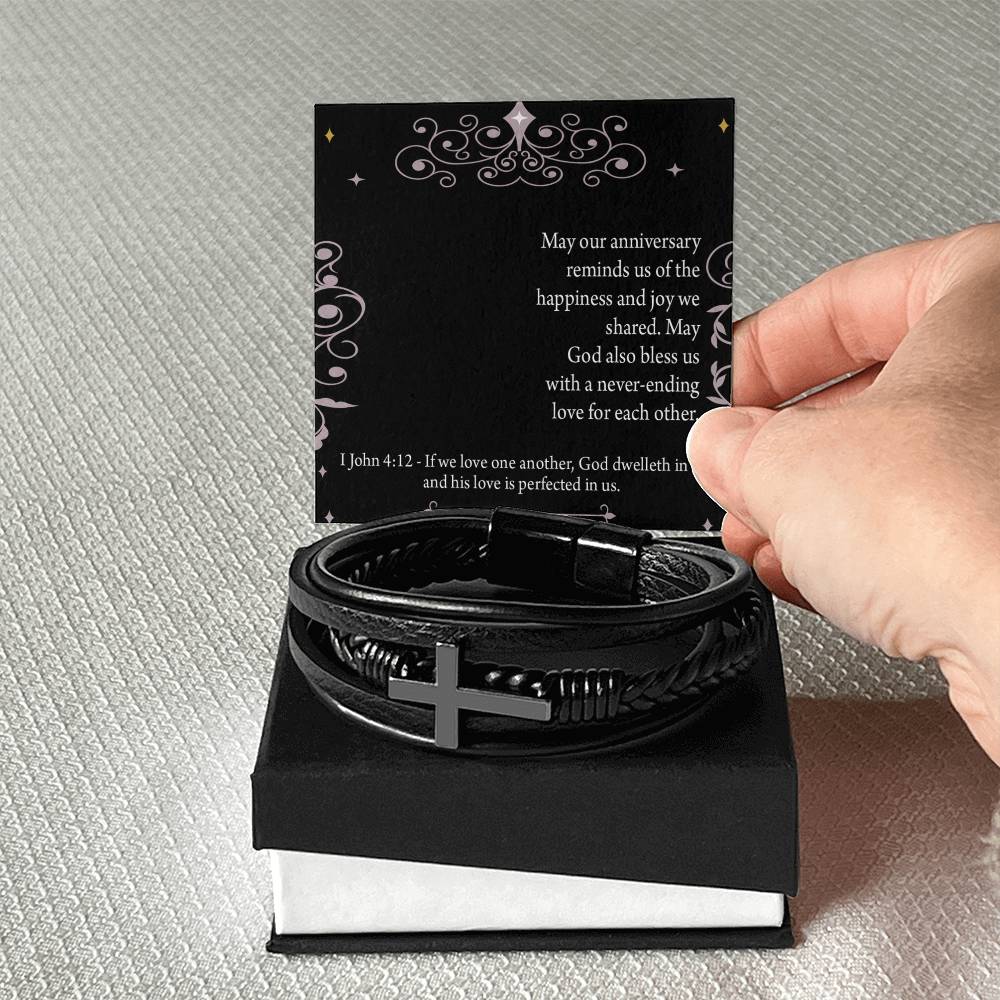 Happiness 1 John 4:12 Men's Stainless Steel & Vegan Leather Cross Bracelet - Vegan Leather with Stainless Steel-Express Your Love Gifts