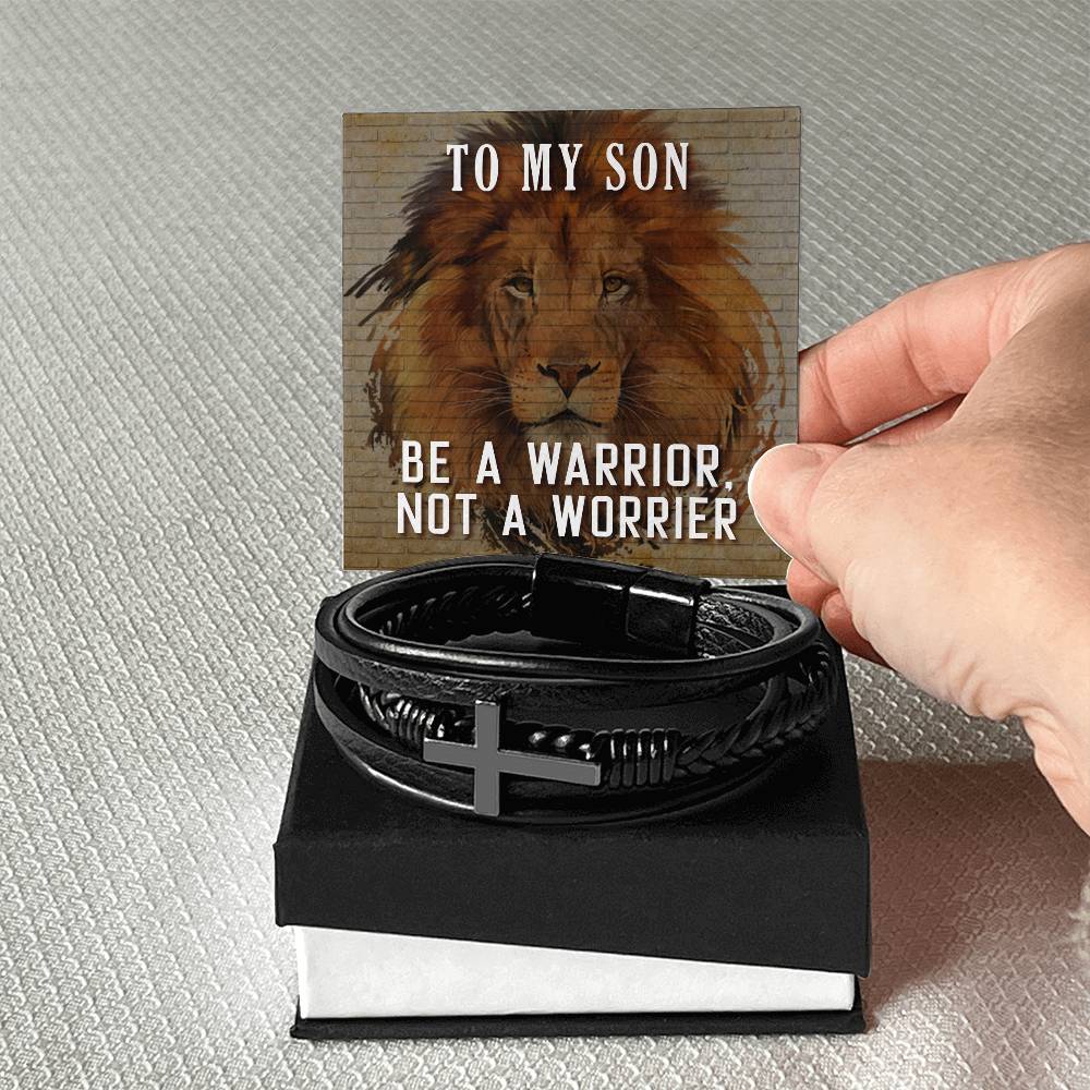 Be a Warrior Not a Worrier Men's Cross Bracelet - Vegan Leather with Stainless Steel-Express Your Love Gifts