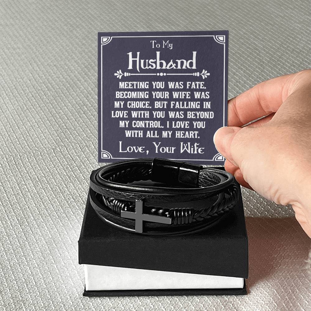 To My Husband Meeting You Was Fate Men's Cross Bracelet - Vegan Leather with Stainless Steel-Express Your Love Gifts