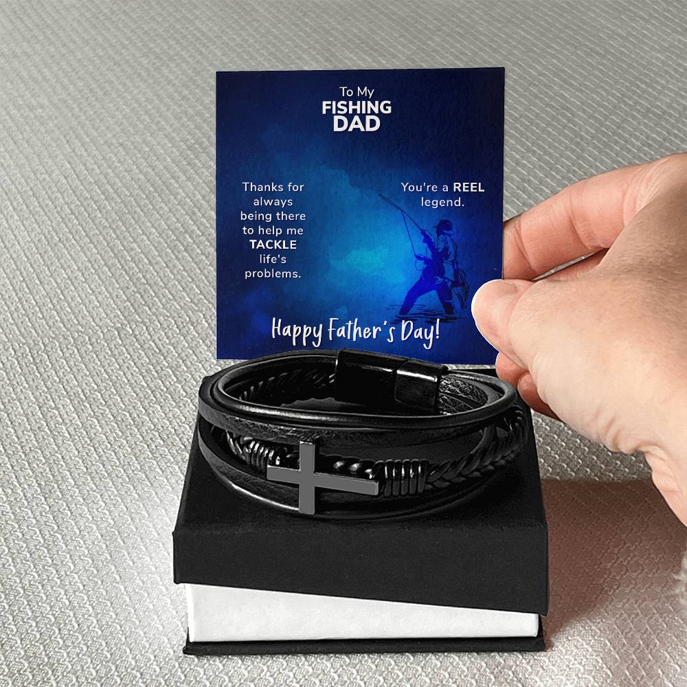 To My Fishing Dad Thanks for Always Being There Men's Cross Bracelet - Vegan Leather with Stainless Steel-Express Your Love Gifts