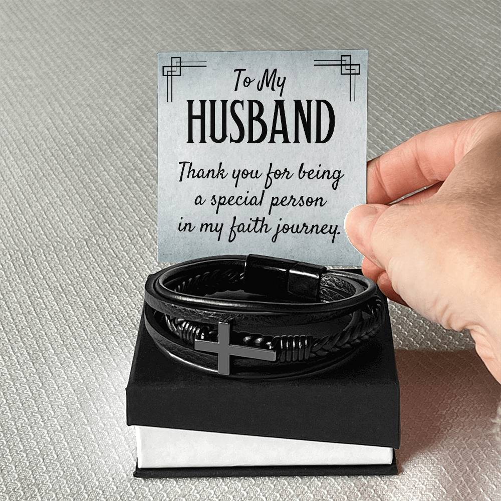 To My Husband Thank You for Being Special Men's Cross Bracelet - Vegan Leather with Stainless Steel-Express Your Love Gifts