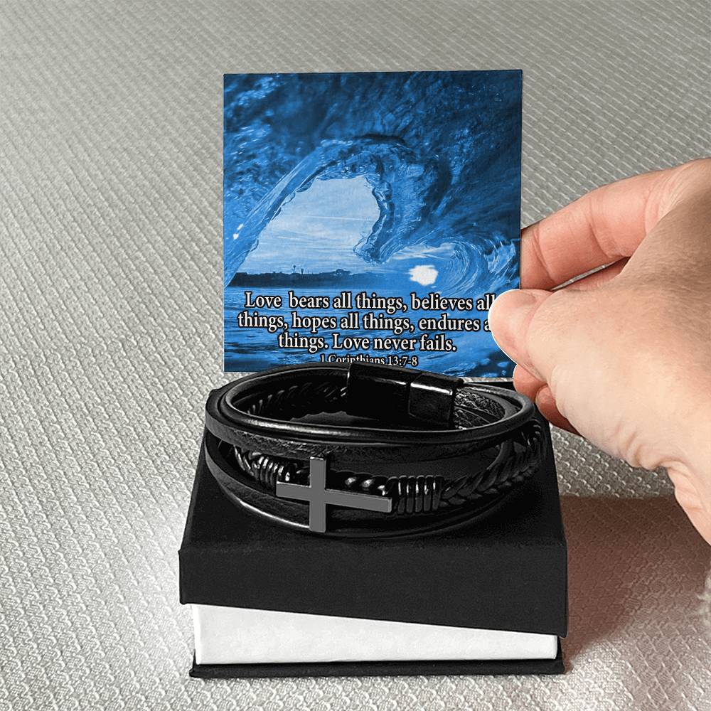 Love Bears All Water 1 Corinthians 13:7-8 Men's Stainless Steel & Vegan Leather Cross Bracelet - Vegan Leather with Stainless Steel-Express Your Love Gifts