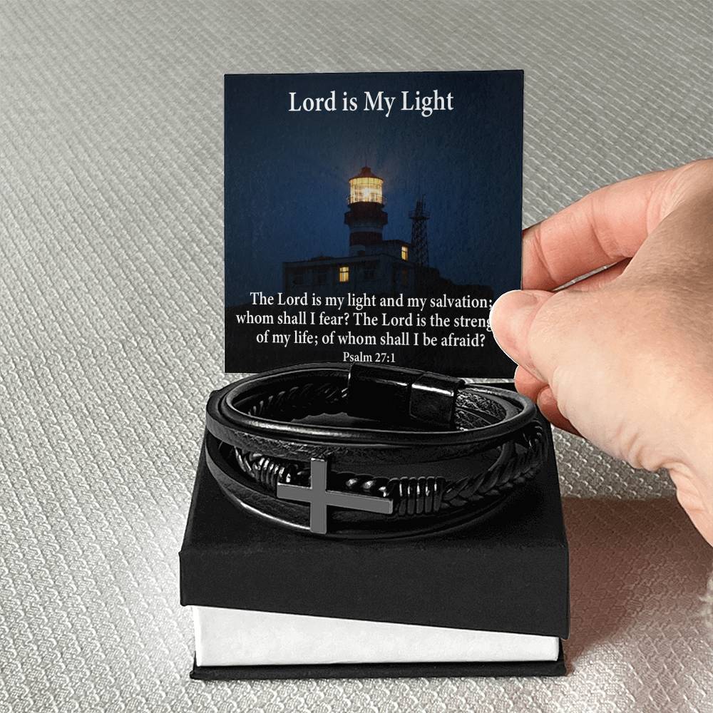 Lord is My Light Psalm 27:1 Men's Stainless Steel & Vegan Leather Cross Bracelet - Vegan Leather with Stainless Steel-Express Your Love Gifts
