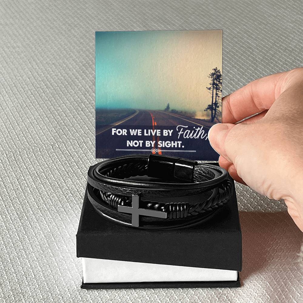 For We Live by Faith Not by Side Men's Stainless Steel & Vegan Leather Cross Bracelet - Vegan Leather with Stainless Steel-Express Your Love Gifts