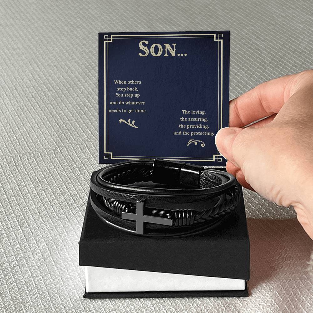 To My Son When Others Step Back Men's Cross Bracelet - Vegan Leather with Stainless Steel-Express Your Love Gifts