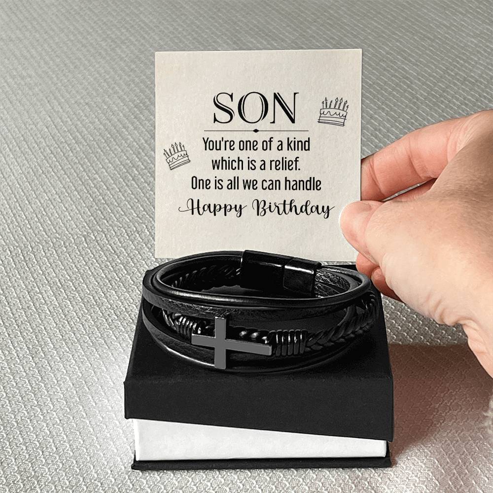 To My Son You're One of a Kind Men's Cross Bracelet - Vegan Leather with Stainless Steel-Express Your Love Gifts