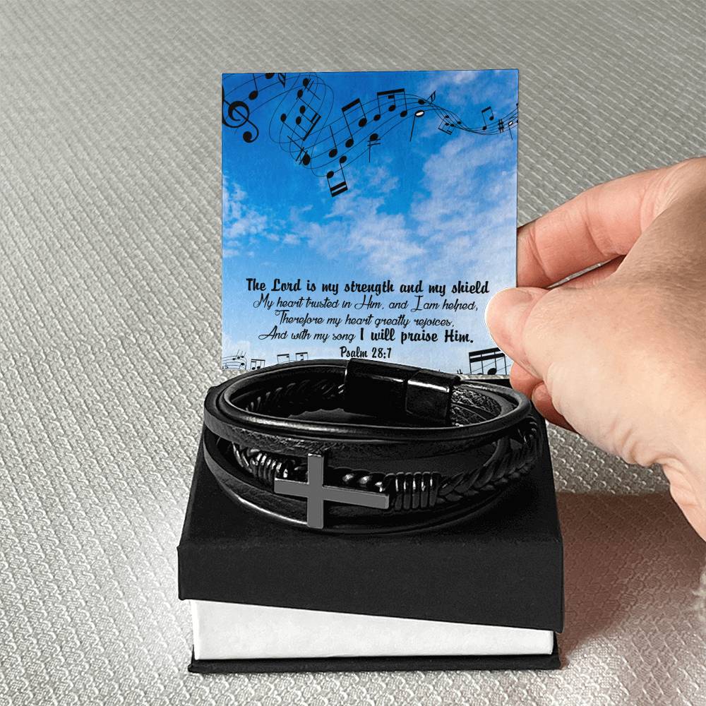 Lord is My Strength Psalm 28:7 Men's Stainless Steel & Vegan Leather Cross Bracelet - Vegan Leather with Stainless Steel-Express Your Love Gifts