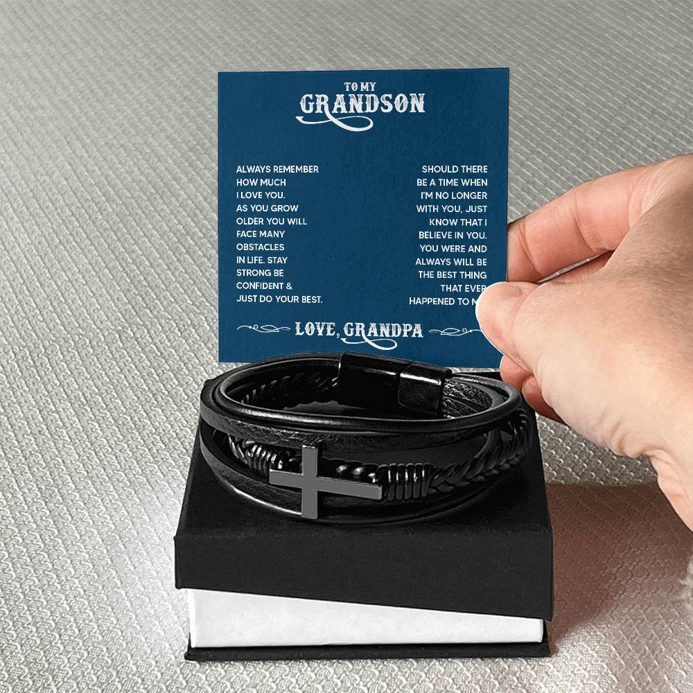 To My Grandson Always Remember From Grandpa Men's Cross Bracelet - Vegan Leather with Stainless Steel-Express Your Love Gifts