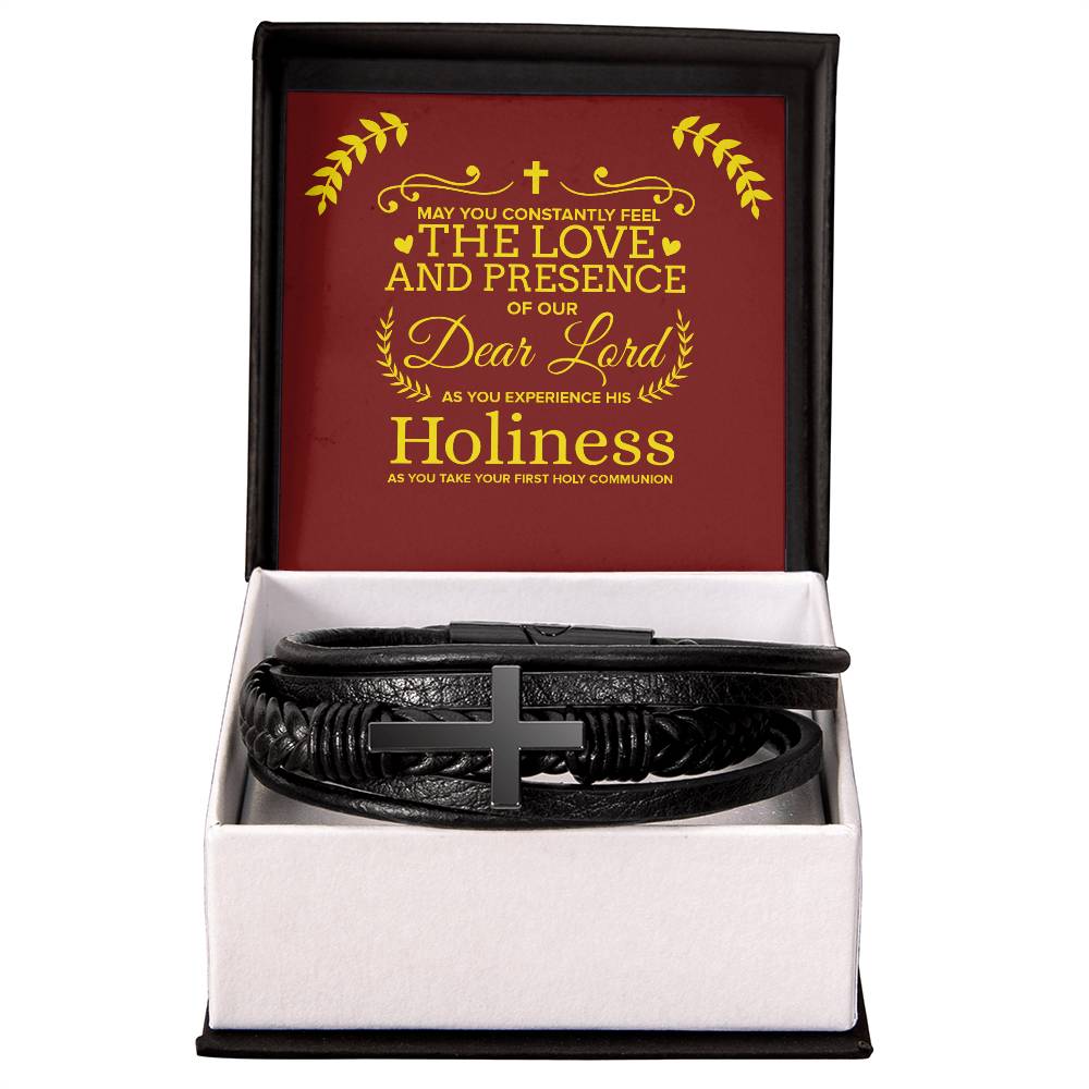 Our Dear Lord First Communion Men's Stainless Steel & Vegan Leather Cross Bracelet - Vegan Leather with Stainless Steel-Express Your Love Gifts