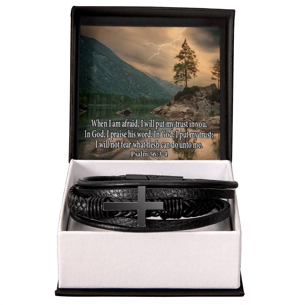 Trust in God Psalm 56:3-4 Men's Stainless Steel & Vegan Leather Cross Bracelet - Vegan Leather with Stainless Steel-Express Your Love Gifts