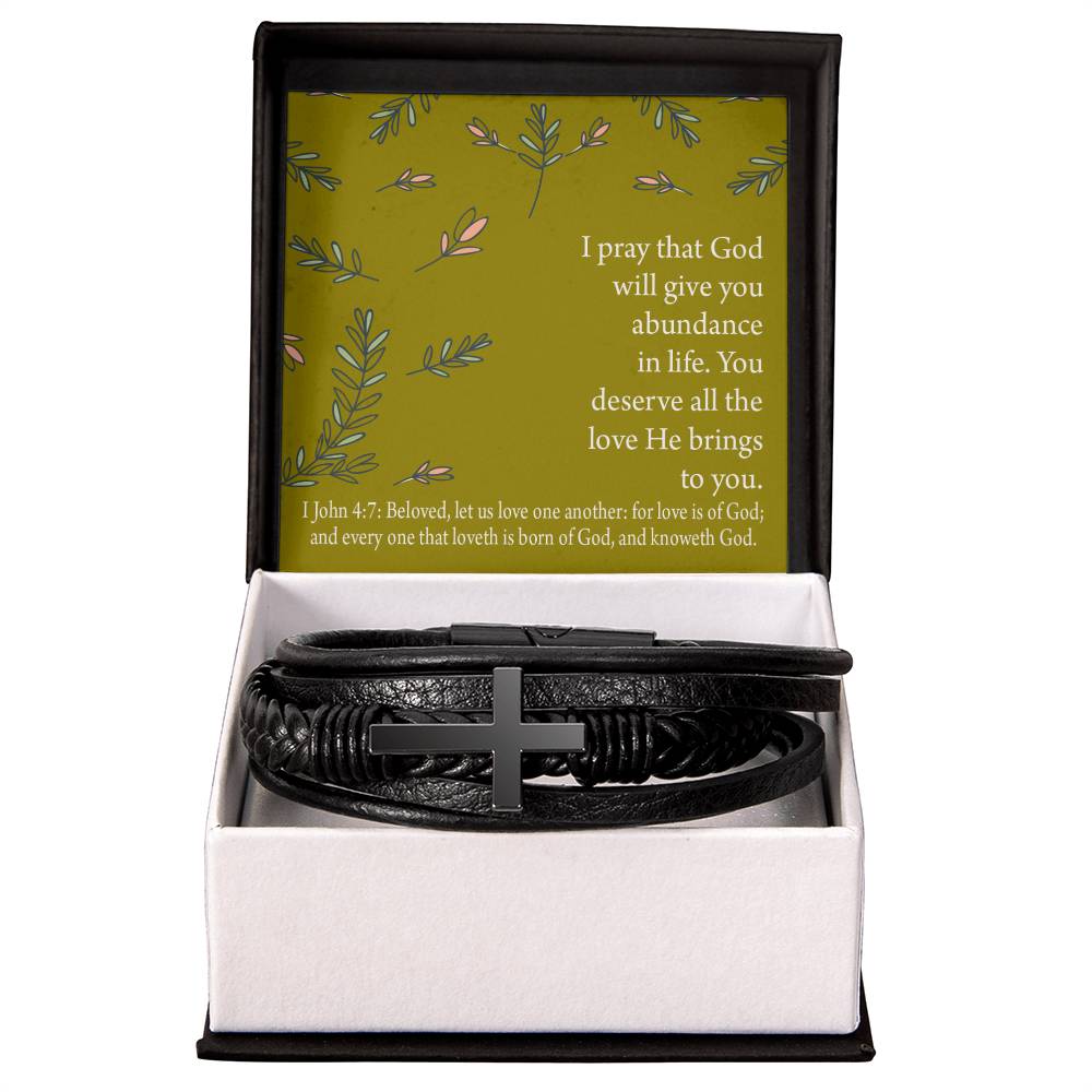 God's Love Faith 1 John 4 :7 Men's Stainless Steel & Vegan Leather Cross Bracelet - Vegan Leather with Stainless Steel-Express Your Love Gifts