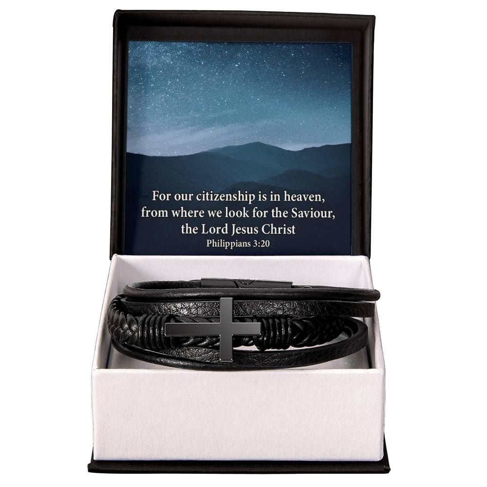 Citizenship in Heaven Philippians 3:20 Men's Stainless Steel & Vegan Leather Cross Bracelet - Vegan Leather with Stainless Steel-Express Your Love Gifts