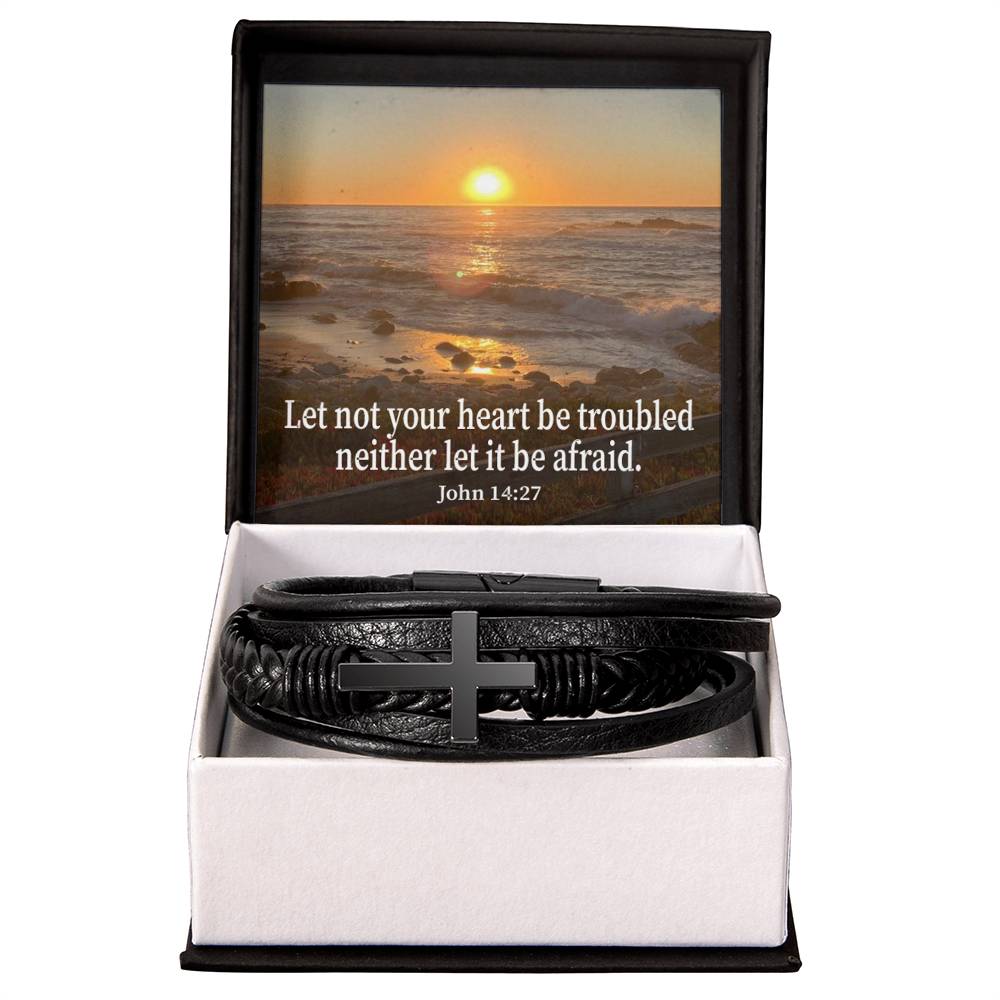 Let Not Your Heart be Troubled John 14:27 Men's Stainless Steel & Vegan Leather Cross Bracelet - Vegan Leather with Stainless Steel-Express Your Love Gifts