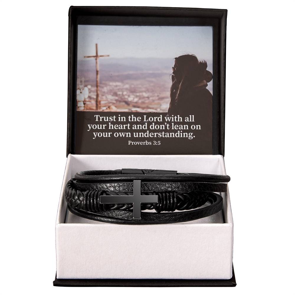 Trust Proverbs 3:5 Men's Stainless Steel & Vegan Leather Cross Bracelet - Vegan Leather with Stainless Steel-Express Your Love Gifts