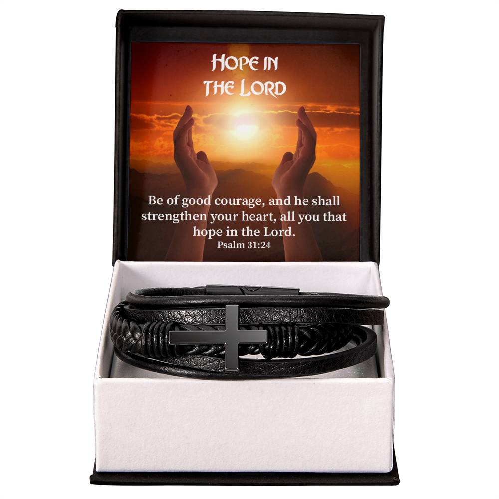 Hope in The Lord Psalm 31:24 Men's Stainless Steel & Vegan Leather Cross Bracelet - Vegan Leather with Stainless Steel-Express Your Love Gifts