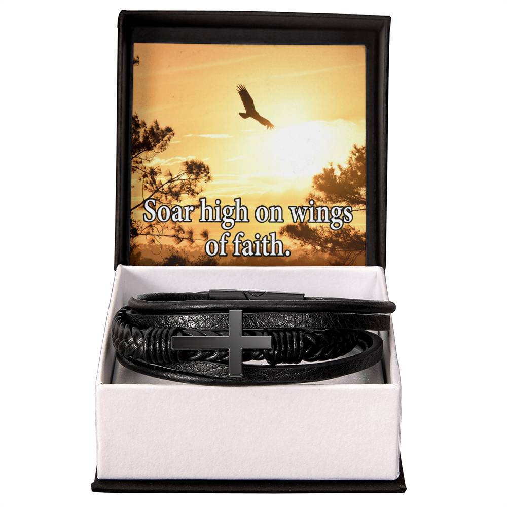 Soar High on Faith Men's Stainless Steel & Vegan Leather Cross Bracelet - Vegan Leather with Stainless Steel-Express Your Love Gifts