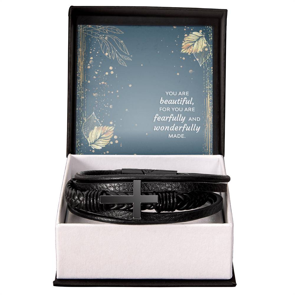 You Are Wonderfully Made Psalm 139:14 Men's Stainless Steel & Vegan Leather Cross Bracelet - Vegan Leather with Stainless Steel-Express Your Love Gifts