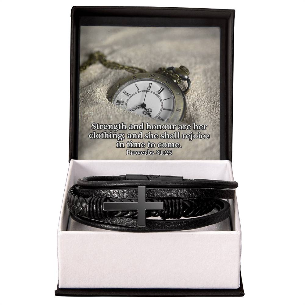 Her Strength Proverbs 31:25 Men's Stainless Steel & Vegan Leather Cross Bracelet - Vegan Leather with Stainless Steel-Express Your Love Gifts