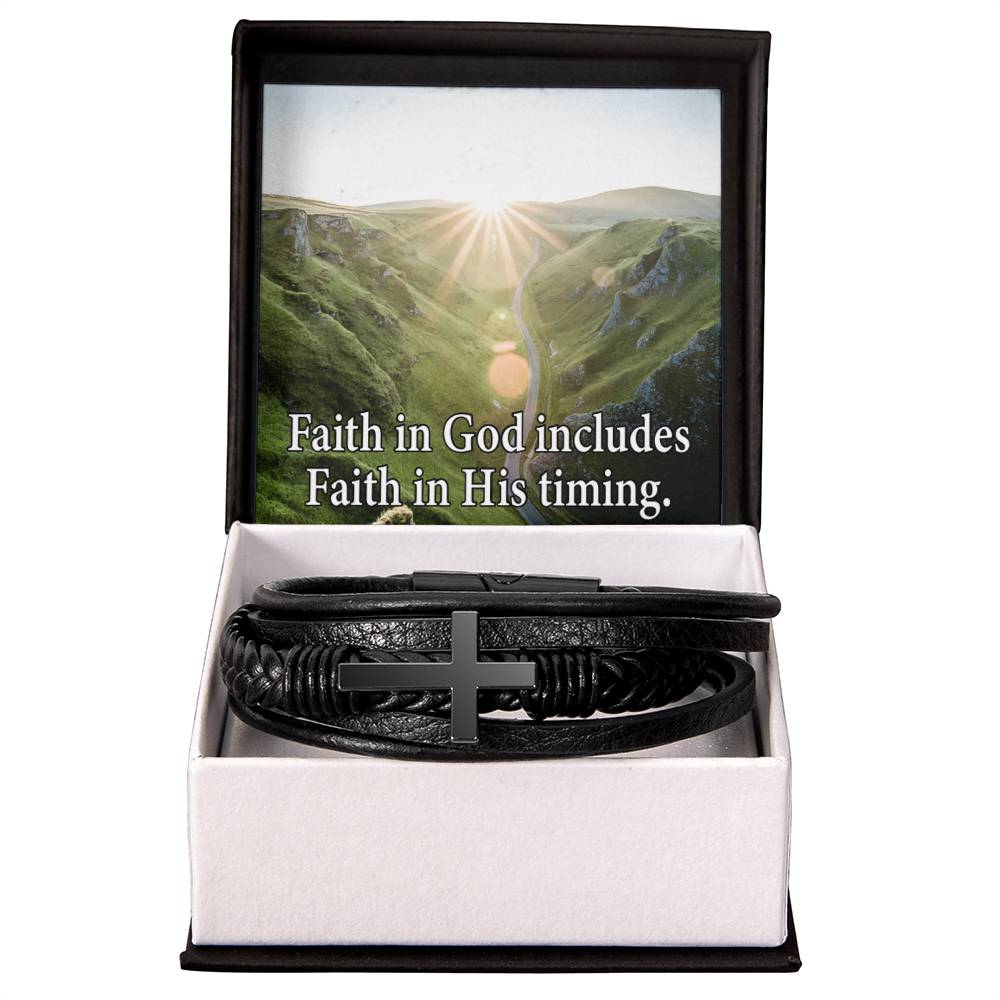 Faith in God's Timing Men's Stainless Steel & Vegan Leather Cross Bracelet - Vegan Leather with Stainless Steel-Express Your Love Gifts