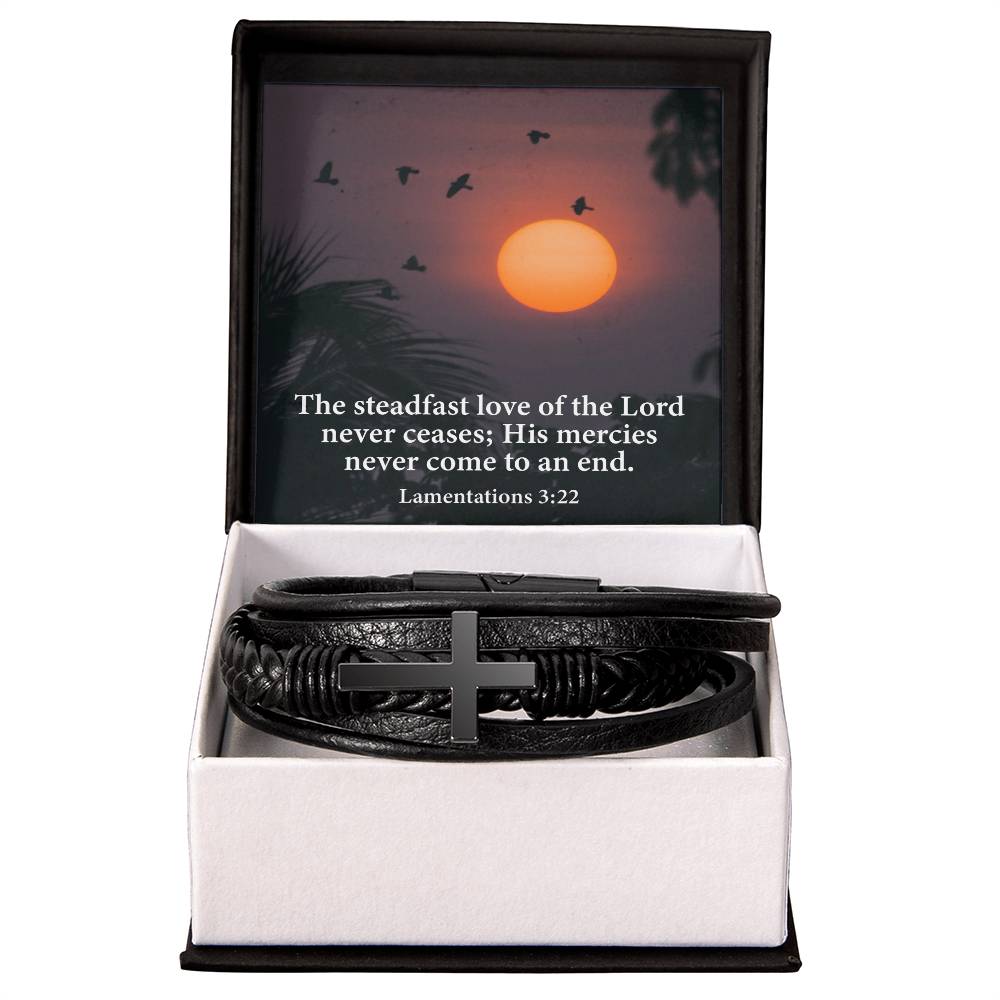 Love of Lord Never Ends Lamentations 3:22 Men's Stainless Steel & Vegan Leather Cross Bracelet - Vegan Leather with Stainless Steel-Express Your Love Gifts