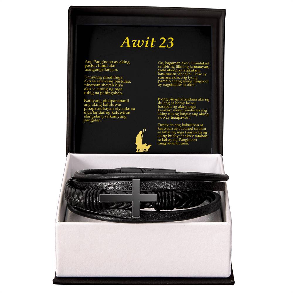 Lord is my Shepherd Tagalog Awit Men's Stainless Steel & Vegan Leather Cross Bracelet - Vegan Leather with Stainless Steel-Express Your Love Gifts