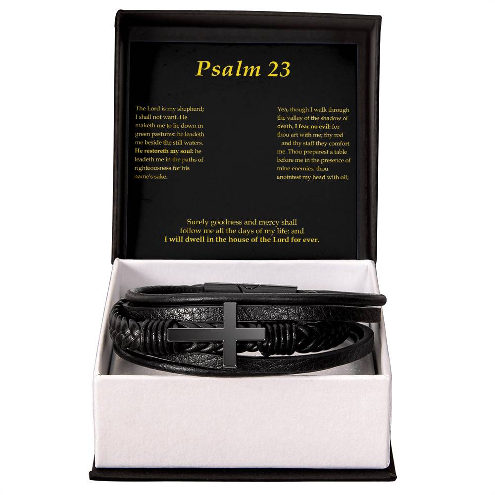 Psalm 23 Men's Stainless Steel & Vegan Leather Cross Bracelet - Vegan Leather with Stainless Steel-Express Your Love Gifts