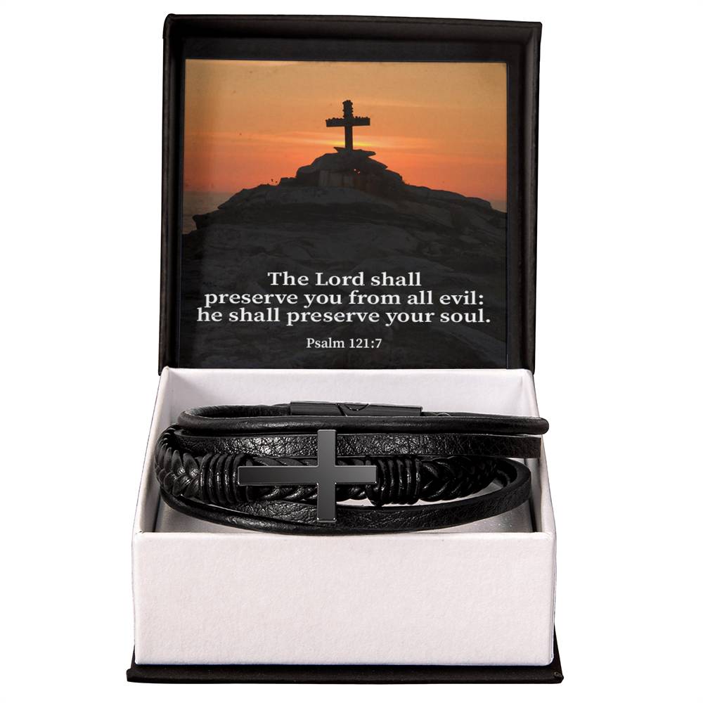 Hope Psalm 121:7 Men's Stainless Steel & Vegan Leather Cross Bracelet - Vegan Leather with Stainless Steel-Express Your Love Gifts