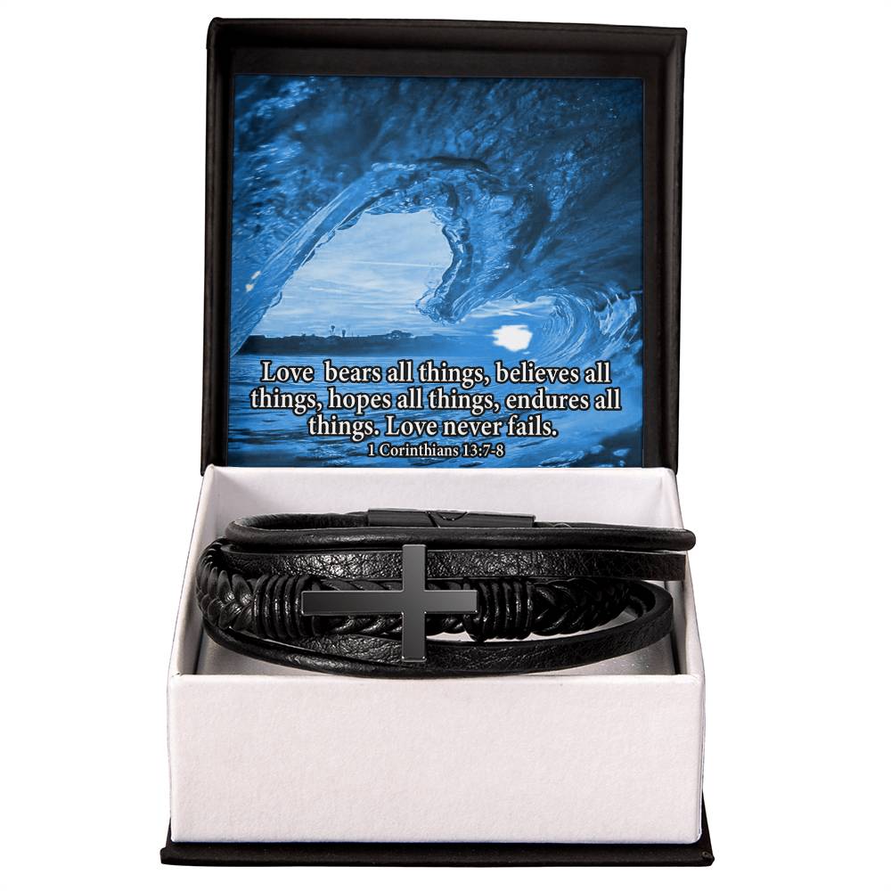 Love Bears All Water 1 Corinthians 13:7-8 Men's Stainless Steel & Vegan Leather Cross Bracelet - Vegan Leather with Stainless Steel-Express Your Love Gifts