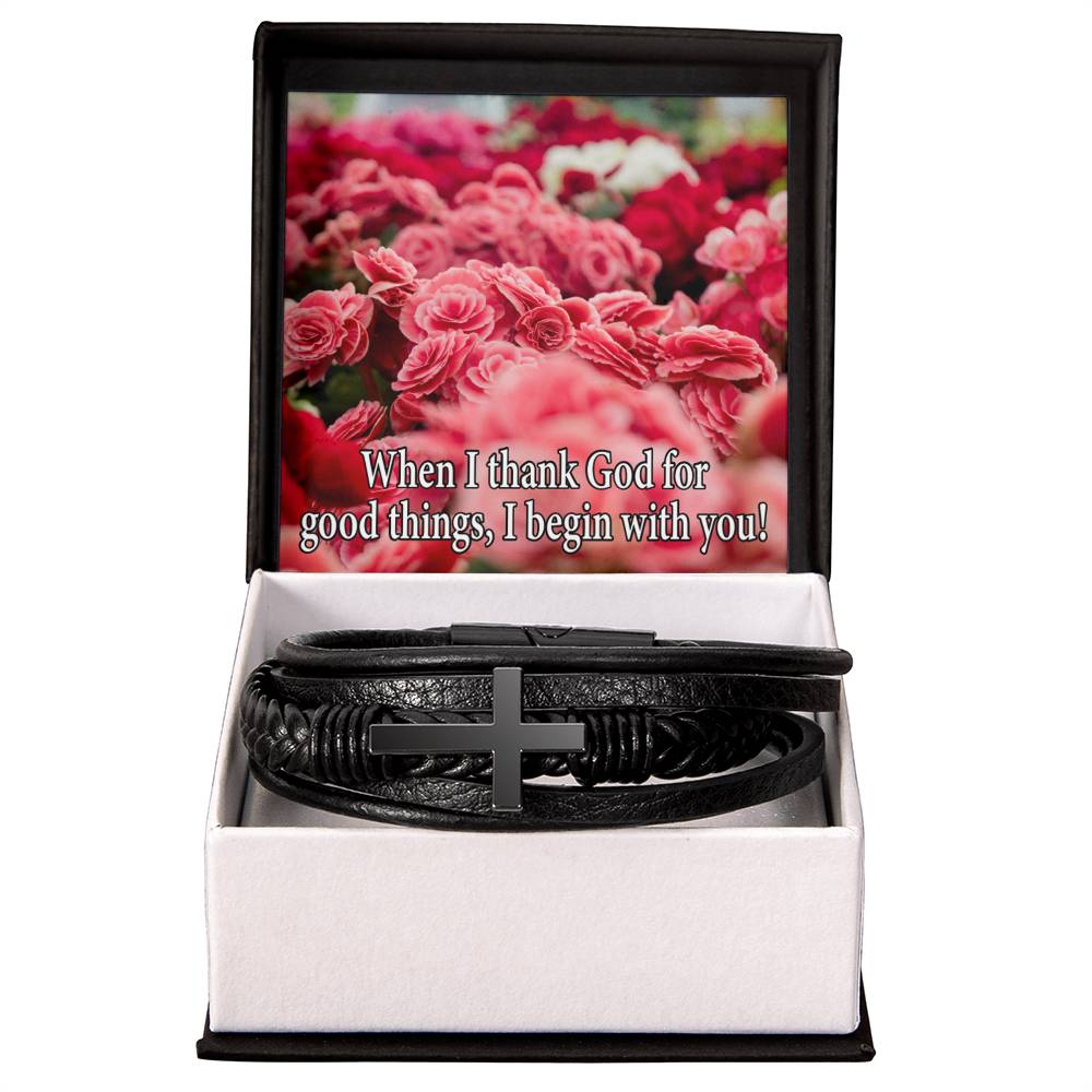 I Thank God Philippians 1:3 Men's Stainless Steel & Vegan Leather Cross Bracelet - Vegan Leather with Stainless Steel-Express Your Love Gifts