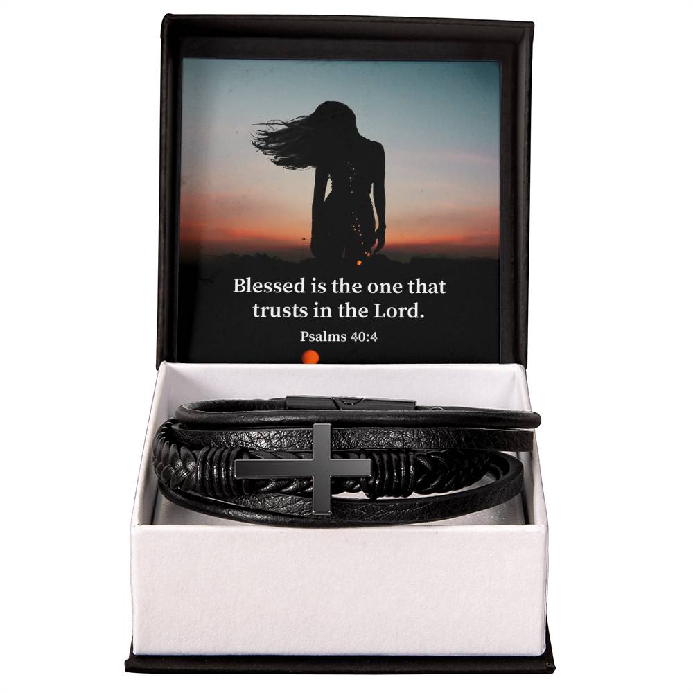 His Trust Psalm 40:4 Men's Stainless Steel & Vegan Leather Cross Bracelet - Vegan Leather with Stainless Steel-Express Your Love Gifts
