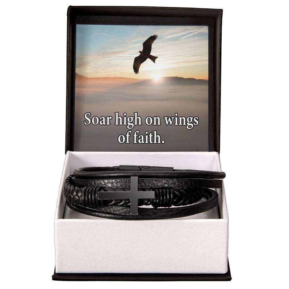 Soar High on Faith in Lord Isaiah 40:31 Men's Stainless Steel & Vegan Leather Cross Bracelet - Vegan Leather with Stainless Steel-Express Your Love Gifts