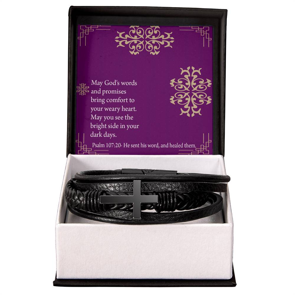 Get Well God's Words & Promises Psalm 107:20 Men's Stainless Steel & Vegan Leather Cross Bracelet - Vegan Leather with Stainless Steel-Express Your Love Gifts