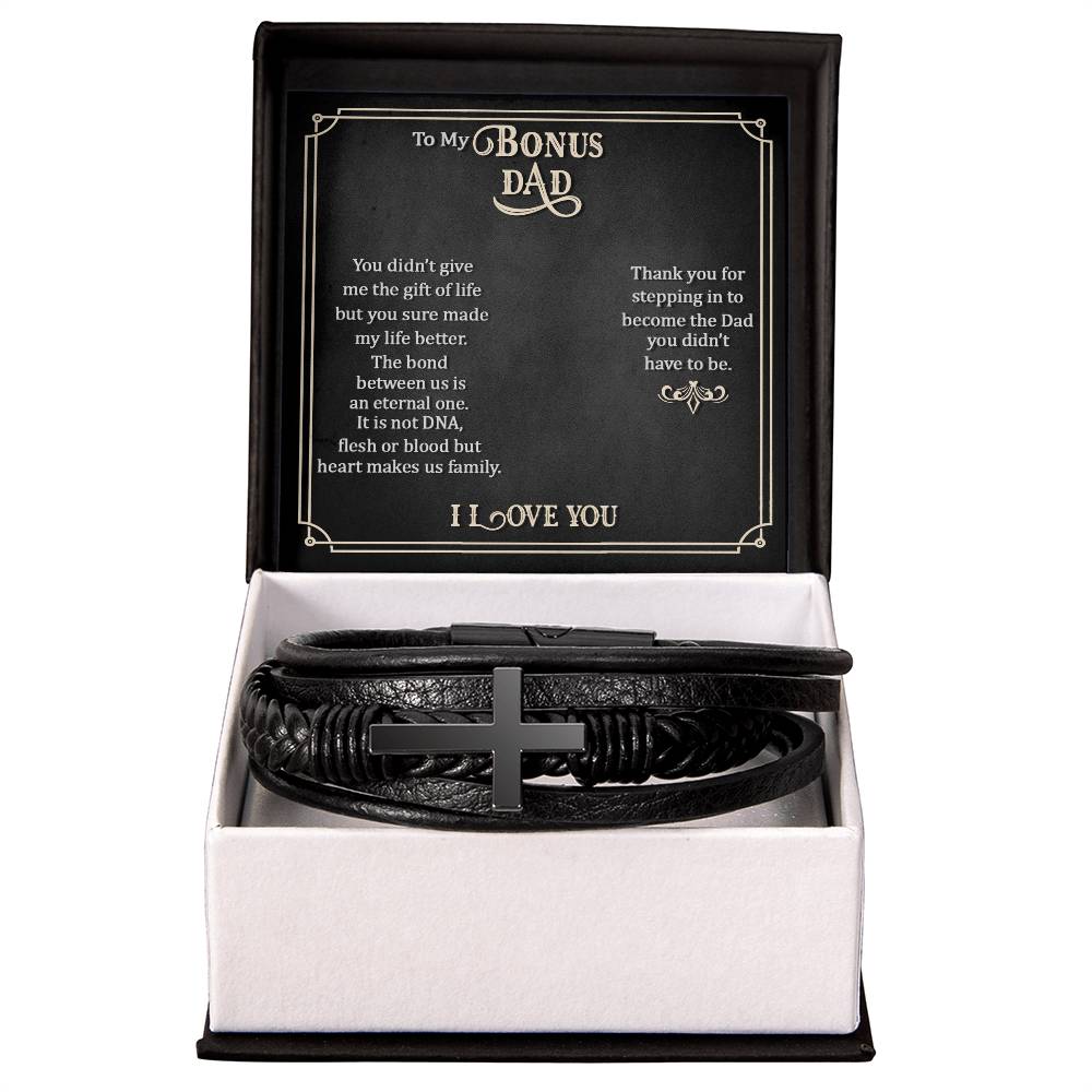 To My Bonus Dad Men's Cross Bracelet - Vegan Leather with Stainless Steel-Express Your Love Gifts
