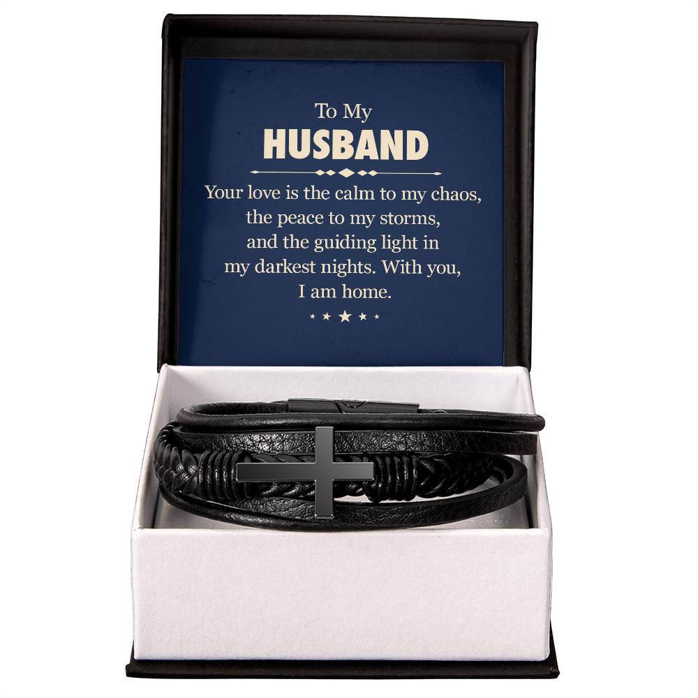To My Husband Your Love is the Calm to My Chaos Men's Cross Bracelet - Vegan Leather with Stainless Steel-Express Your Love Gifts
