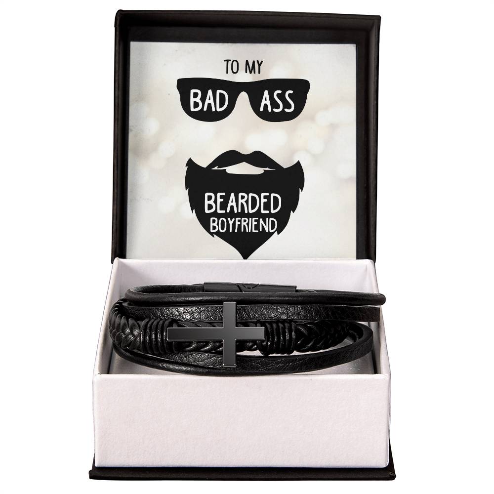 To My Badass Bearded Boyfriend Men's Cross Bracelet - Vegan Leather with Stainless Steel-Express Your Love Gifts
