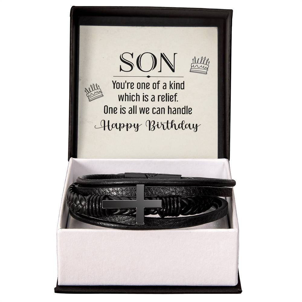 To My Son You're One of a Kind Men's Cross Bracelet - Vegan Leather with Stainless Steel-Express Your Love Gifts