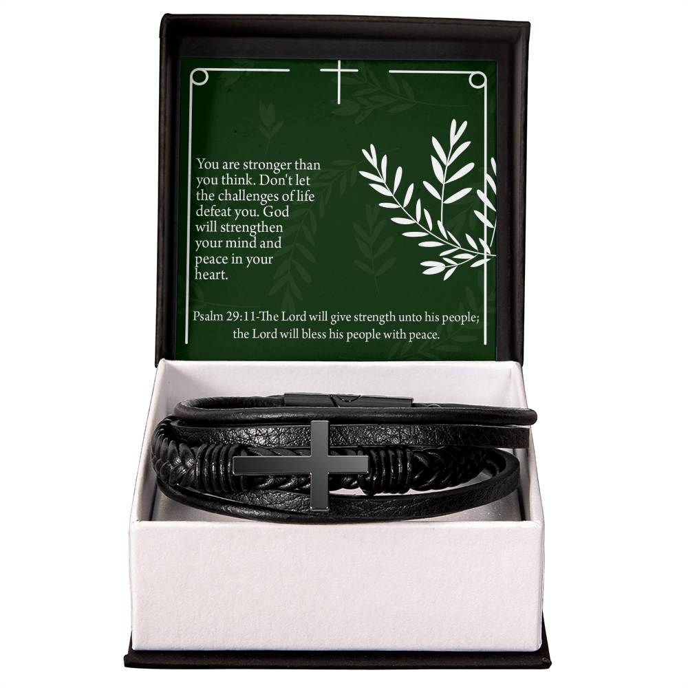 God Will Strengthen You Psalm 29:11 Men's Stainless Steel & Vegan Leather Cross Bracelet - Vegan Leather with Stainless Steel-Express Your Love Gifts