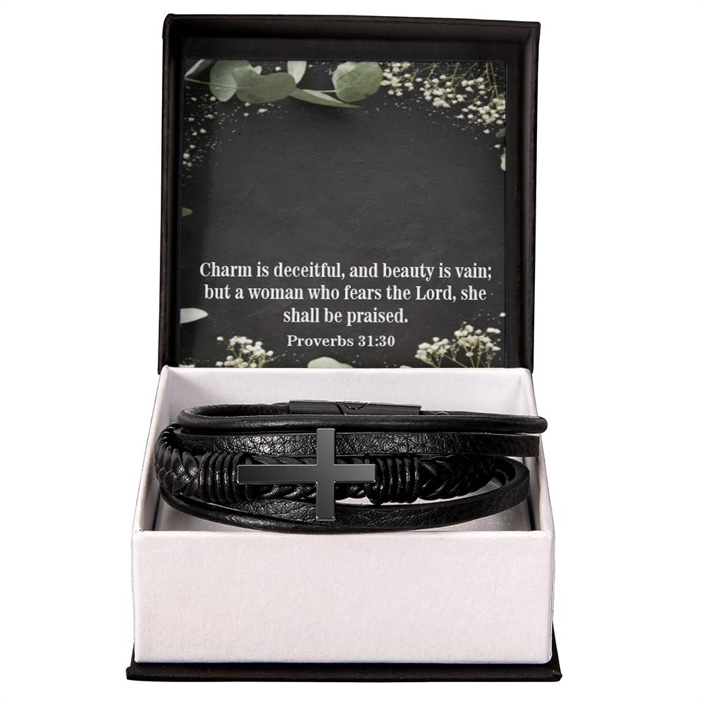 Fear the Lord Proverbs 31:30 Men's Stainless Steel & Vegan Leather Cross Bracelet - Vegan Leather with Stainless Steel-Express Your Love Gifts