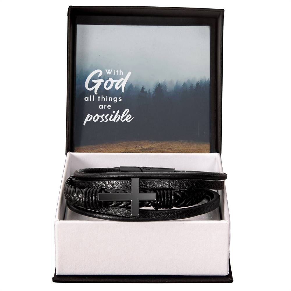 With God All Things are Possible Men's Cross Bracelet - Vegan Leather with Stainless Steel-Express Your Love Gifts