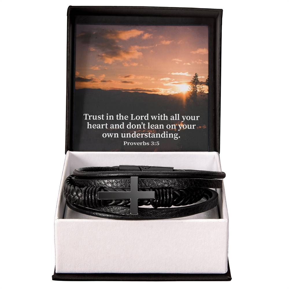 Trust in The Lord Proverbs 3:5 Sunset Men's Stainless Steel & Vegan Leather Cross Bracelet - Vegan Leather with Stainless Steel-Express Your Love Gifts