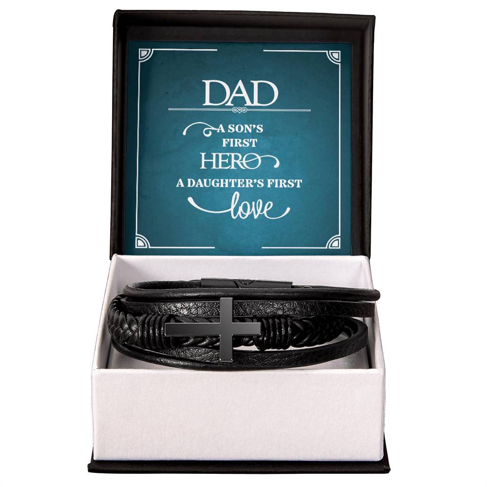 Dad a Sons First Hero Men's Cross Bracelet - Vegan Leather with Stainless Steel-Express Your Love Gifts