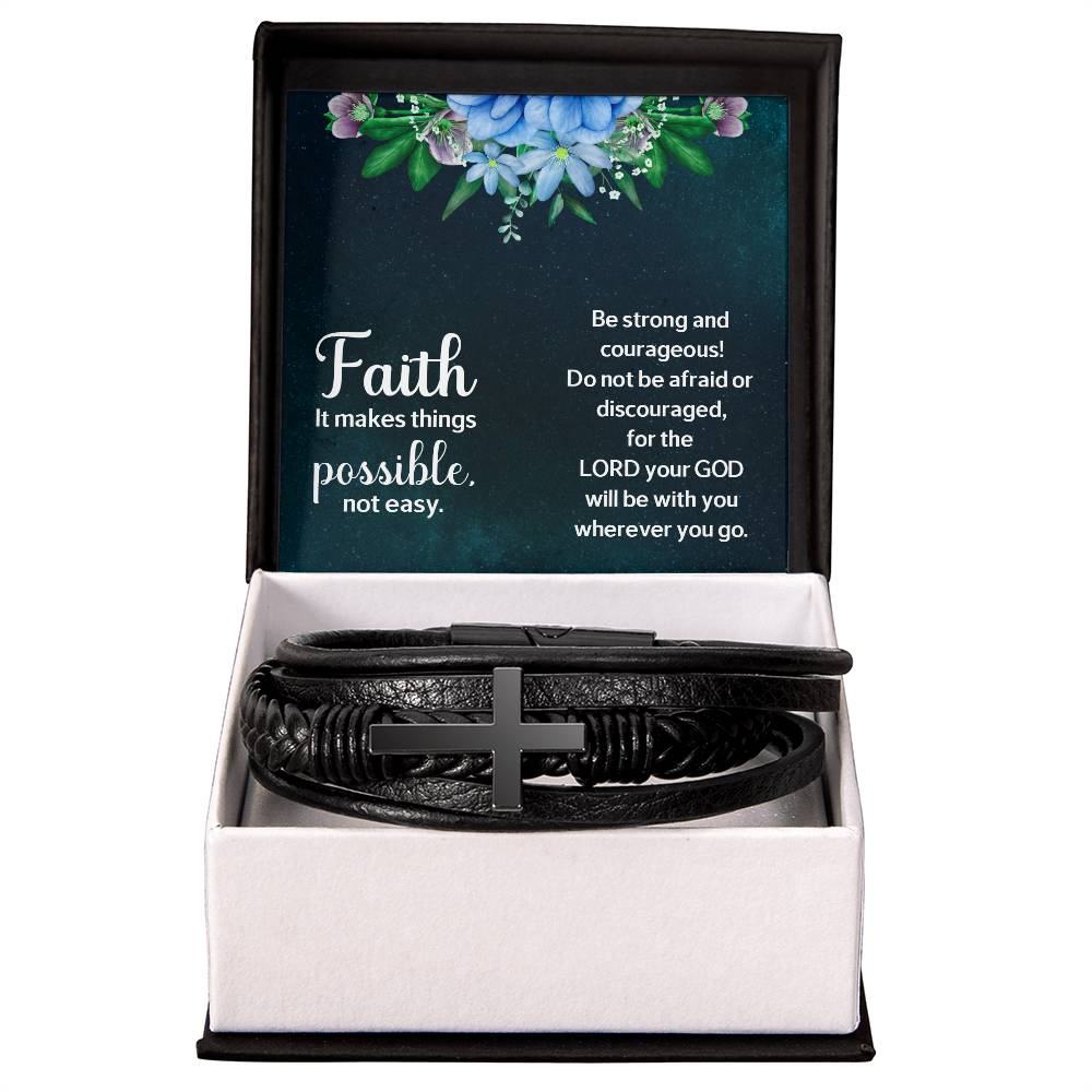 Faith Makes Things Possible Men's Stainless Steel & Vegan Leather Cross Bracelet - Vegan Leather with Stainless Steel-Express Your Love Gifts