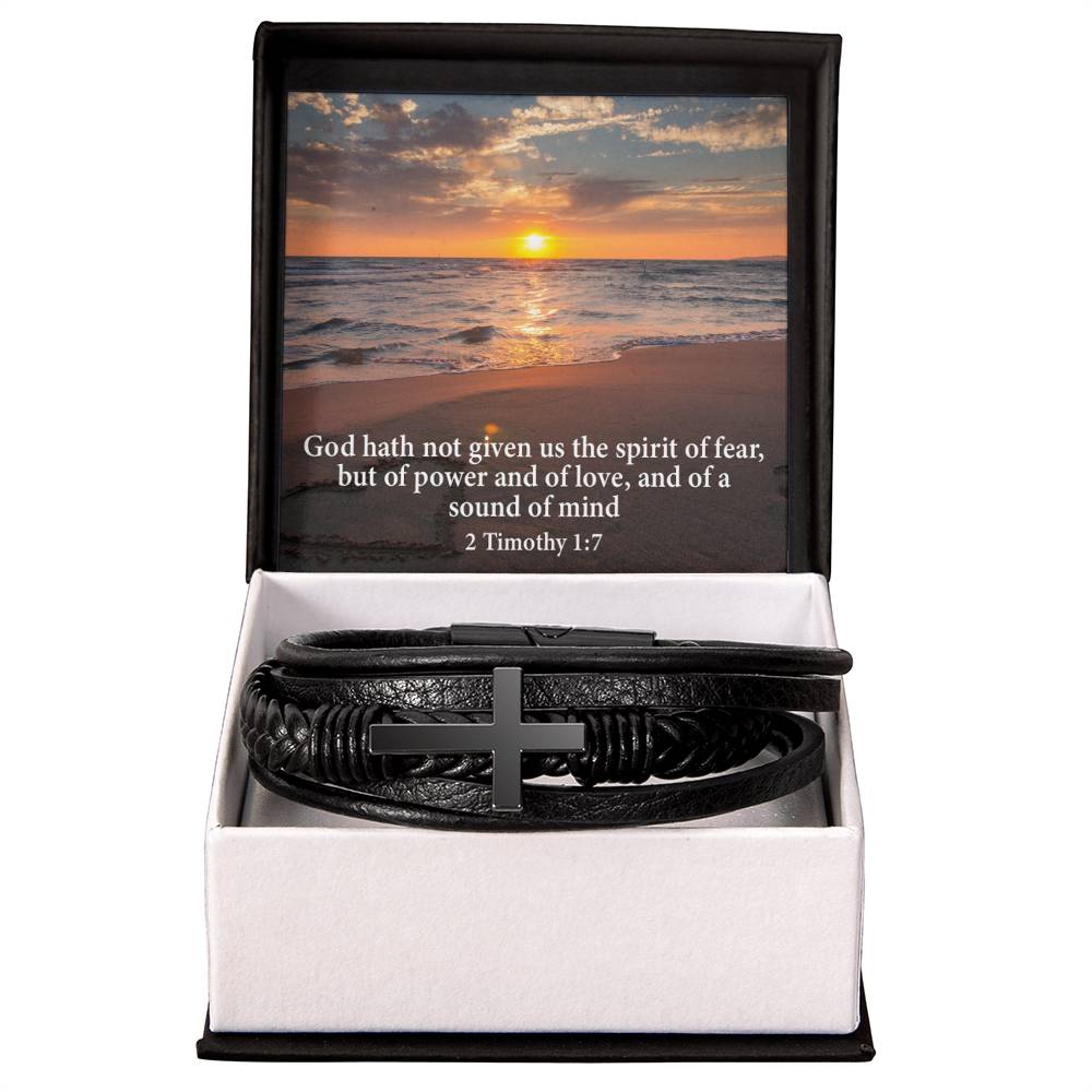 No Fear 2 Timothy 1:7 Men's Stainless Steel & Vegan Leather Cross Bracelet - Vegan Leather with Stainless Steel-Express Your Love Gifts