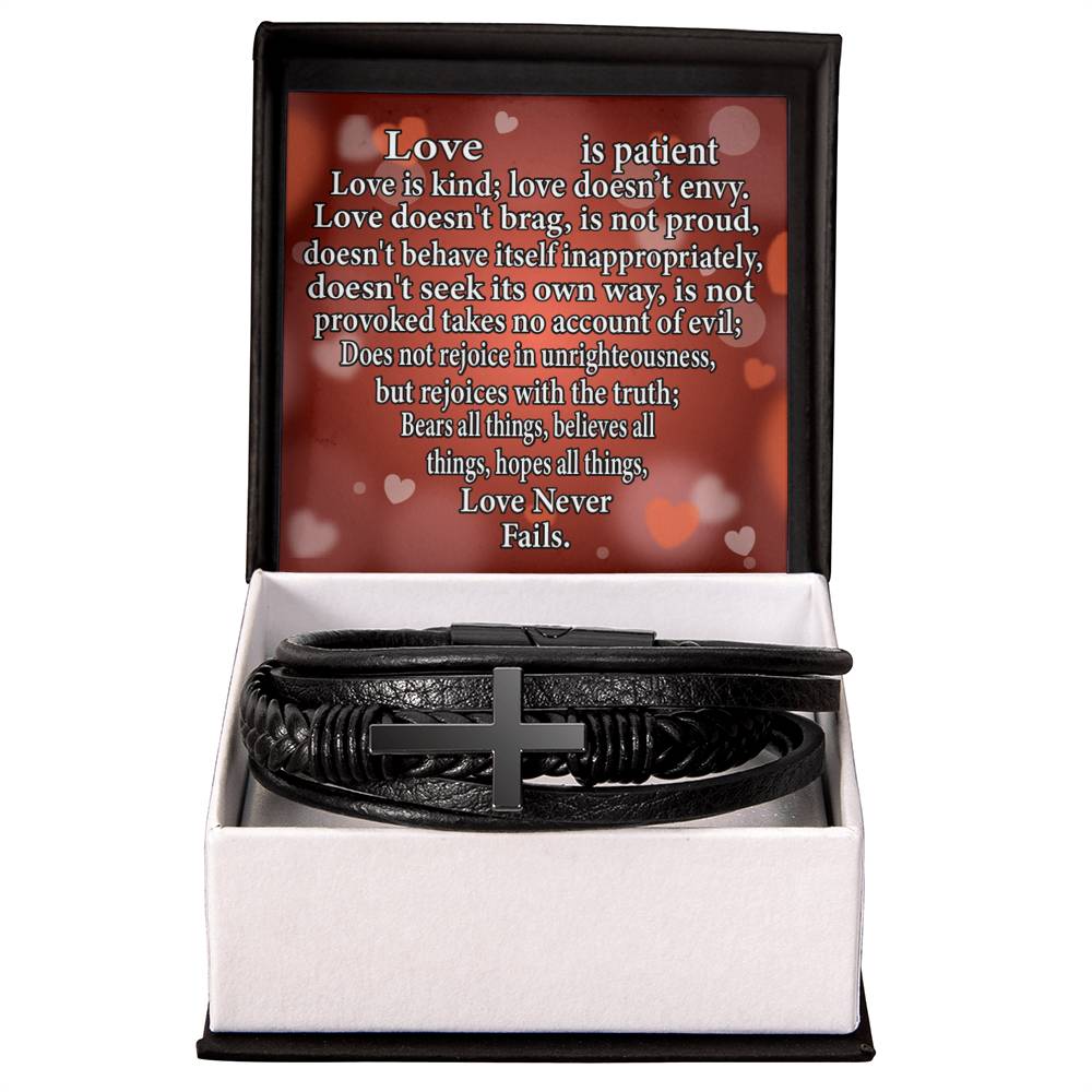 Love is Corinthians Men's Stainless Steel & Vegan Leather Cross Bracelet - Vegan Leather with Stainless Steel-Express Your Love Gifts