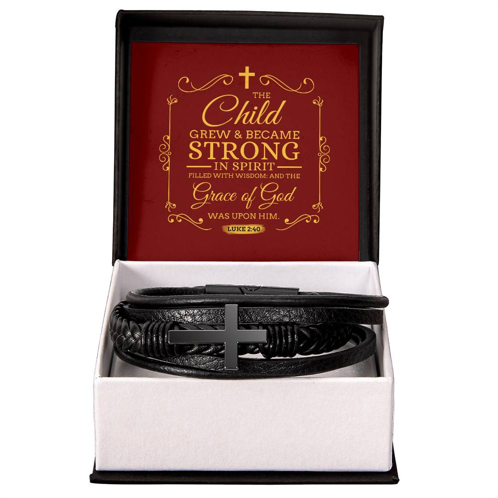 Grace of God Luke 2:40 Men's Stainless Steel & Vegan Leather Cross Bracelet - Vegan Leather with Stainless Steel-Express Your Love Gifts