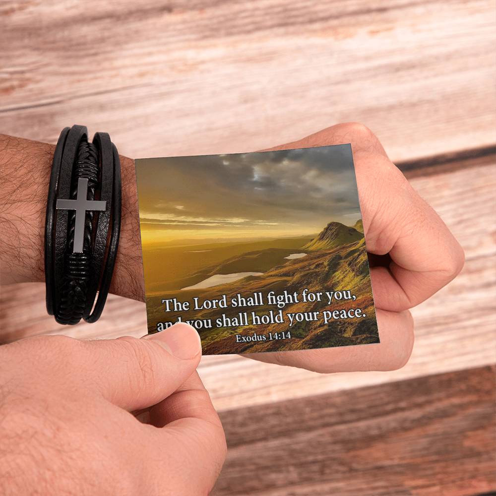 The Lord Shall Fight For You Exodus 14:14 Men's Stainless Steel & Vegan Leather Cross Bracelet - Vegan Leather with Stainless Steel-Express Your Love Gifts
