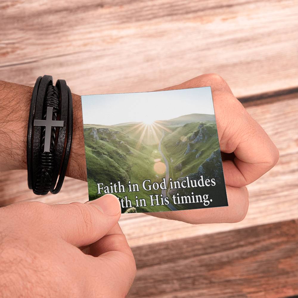 Faith in God's Timing Men's Stainless Steel & Vegan Leather Cross Bracelet - Vegan Leather with Stainless Steel-Express Your Love Gifts